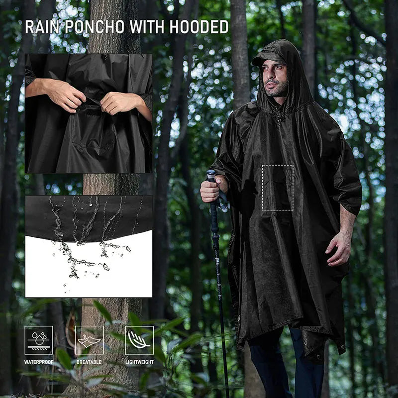 3-in-1 Military Waterproof Rain Poncho – Hooded Raincoat & Camping Cover