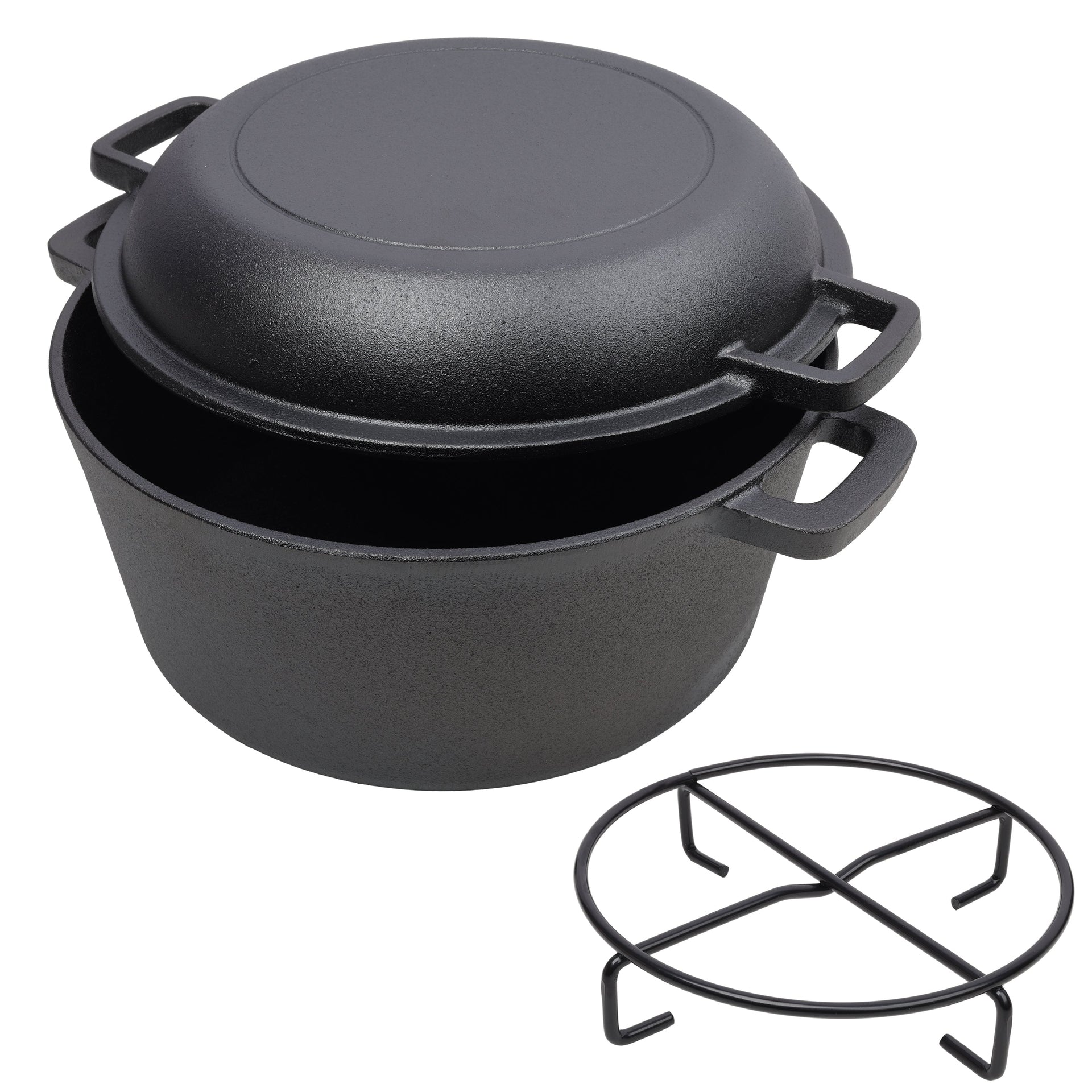 2-in-1 Cast Iron Dutch Oven – Pre-Seasoned 5QT Camping Pot with Rack