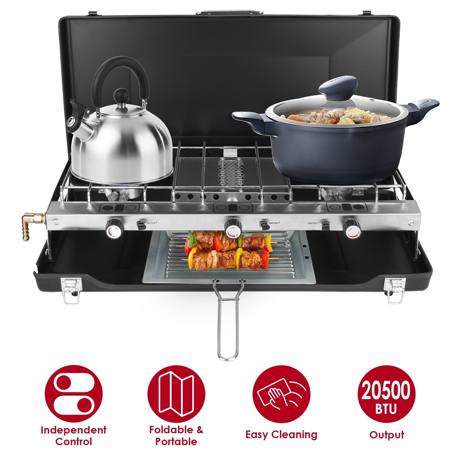 3-Burner Camping Stove 20,000 BTU – Portable Propane Cooker with Windshield