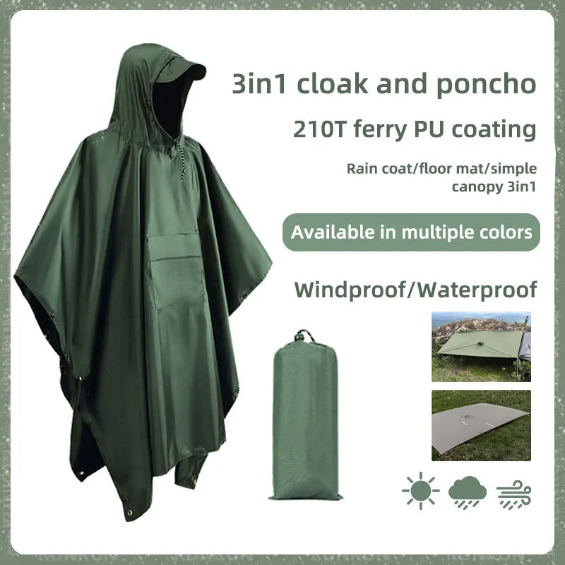 3-in-1 Military Waterproof Rain Poncho – Hooded Raincoat & Camping Cover