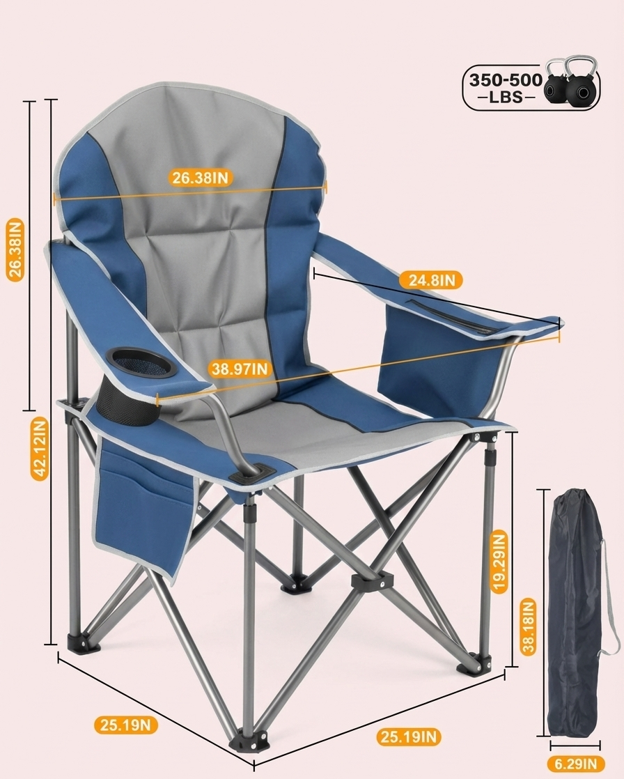 500 lbs Heavy Duty Folding Camping Chair – Cup Holder & Cooler Bag