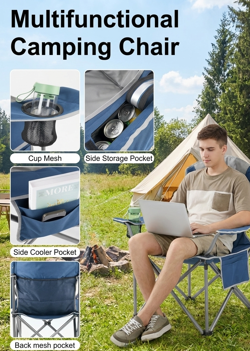 500 lbs Heavy Duty Folding Camping Chair – Cup Holder & Cooler Bag