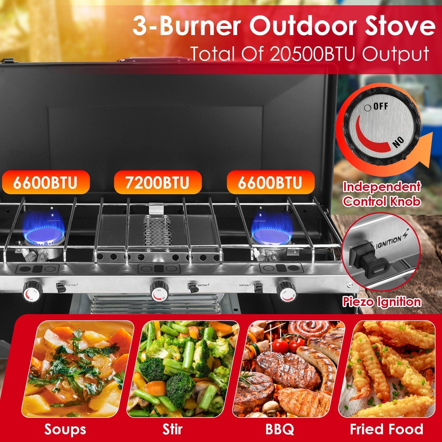 3-Burner Camping Stove 20,000 BTU – Portable Propane Cooker with Windshield