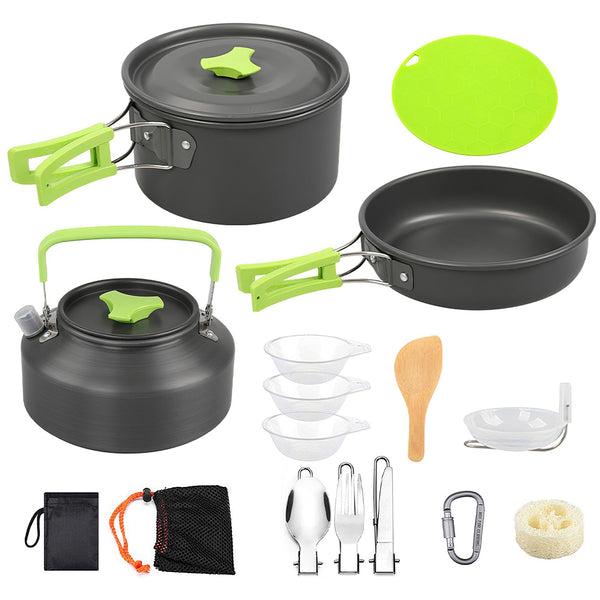 16-Piece Camping Cookware Set – Aluminum Pot & Stove Kit with Utensils