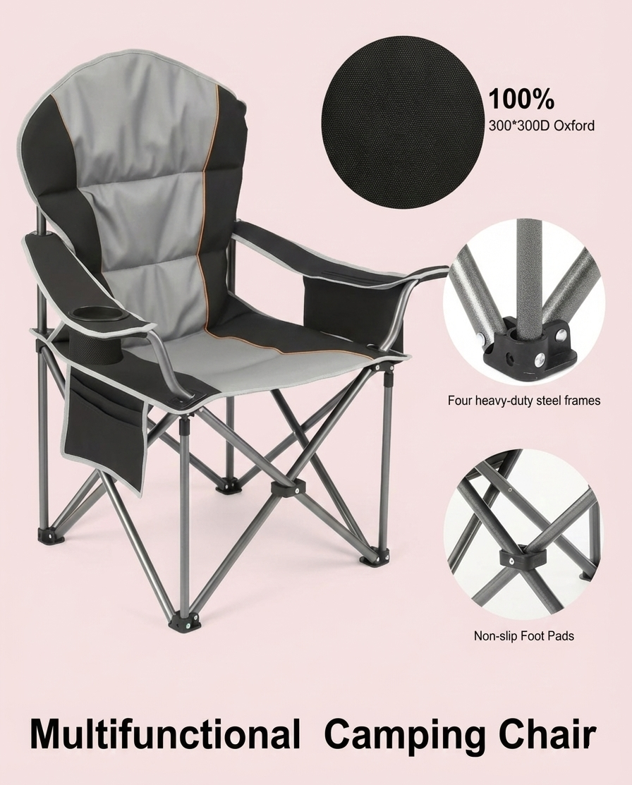 500 lbs Heavy Duty Folding Camping Chair – Cup Holder & Cooler Bag