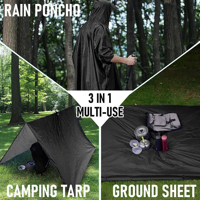 3-in-1 Military Waterproof Rain Poncho – Hooded Raincoat & Camping Cover