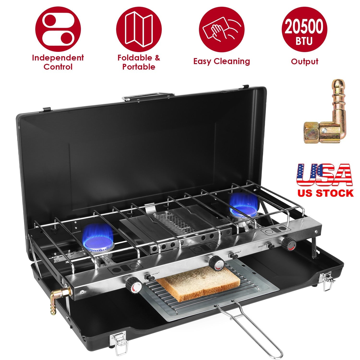 3-Burner Camping Stove 20,000 BTU – Portable Propane Cooker with Windshield