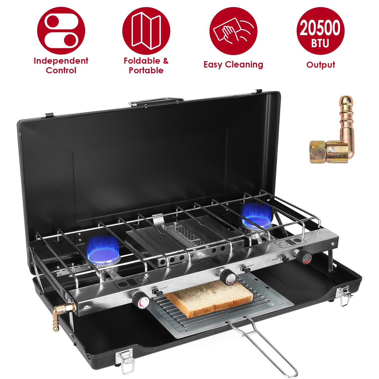 3-Burner Camping Stove 20,000 BTU – Portable Propane Cooker with Windshield