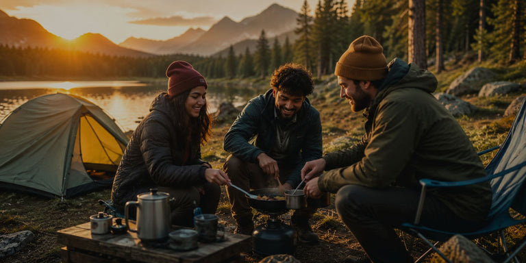 Three people camping by a lake with mountains in the background, enjoying a meal around a campfire.