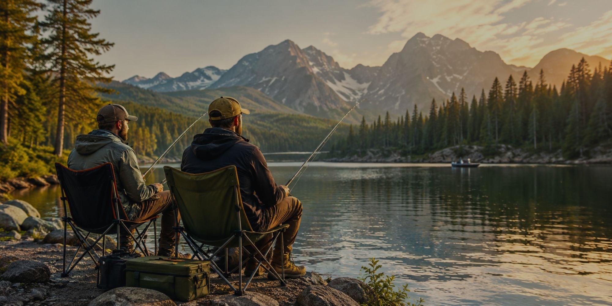 Two people sitting in folding chairs by a lake with mountains in the background
