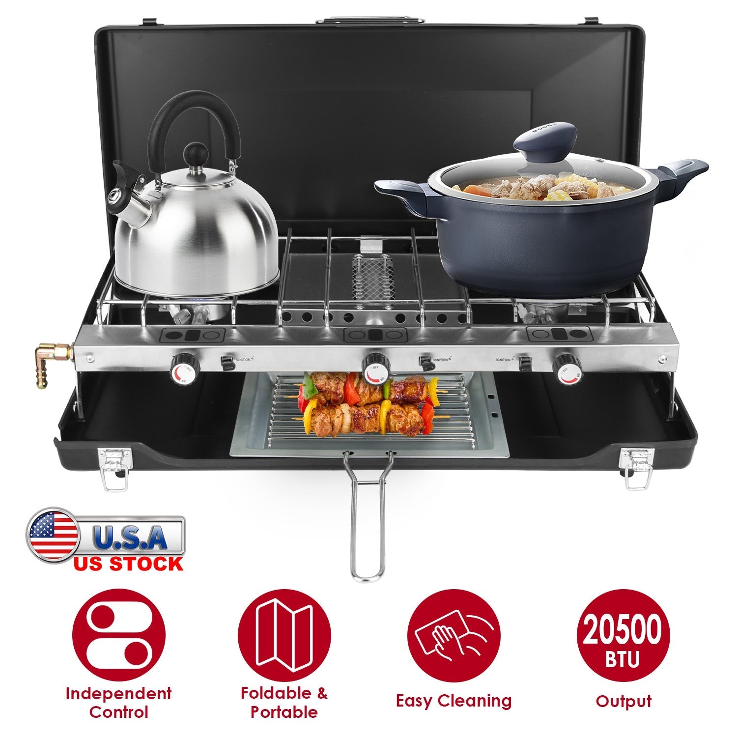 3-Burner Camping Stove 20,000 BTU – Portable Propane Cooker with Windshield