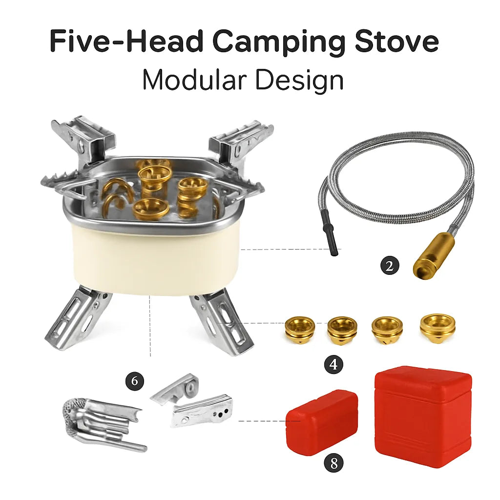 13,000W Windproof Camping Stove – Five-Head Gas Burner with Ignition