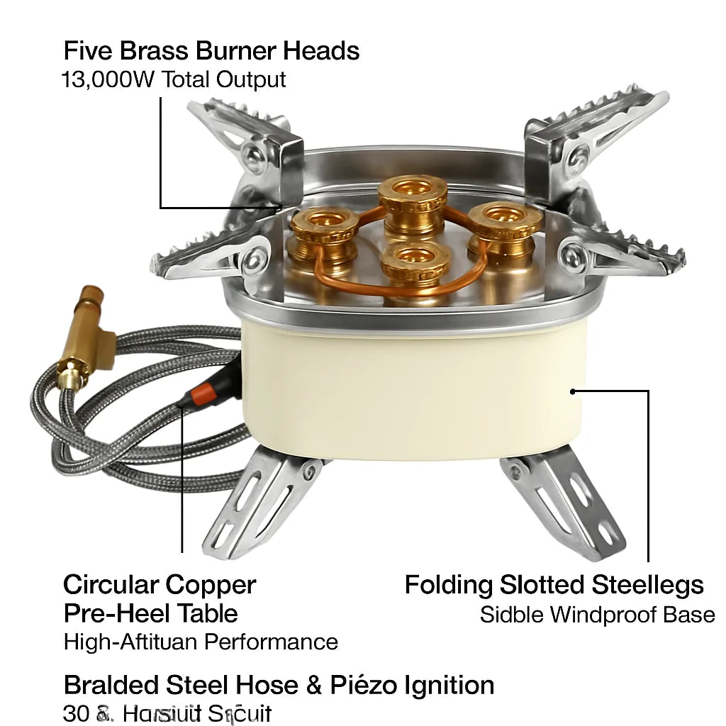 13,000W Windproof Camping Stove – Five-Head Gas Burner with Ignition